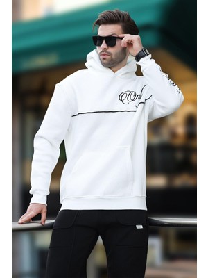 Madmext Ekru Kapüşonlu Şerit Detaylı Baskılı Erkek Sweatshirt 7091
