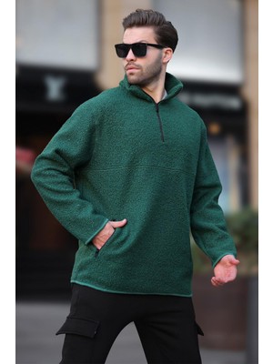 Madmext Yeşil Dik Yaka Yarım Fermuarlı Buklet Sweatshirt 7084
