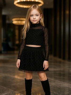 Zekids Kız Çocuk Taşlı Işlemeli Tül Bluz Etekli Takım