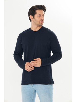 Trendhill Erkek Pamuklu V Yaka Uzun Kollu Tişört Lacivert 5021-L