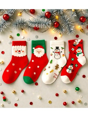 Empressco Renkli Noel Desenli Unisex Çorap, 4 Çift, Geyikli ve Babalı Temalı, Yılbaşı Şıklığı