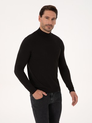 Cacharel Erkek Siyah Slim Fit Pamuk Karışımlı Yarım Balıkçı Yaka Basic Triko Kazak 50318619-VR046