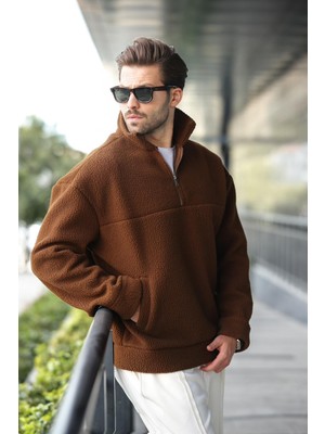 Madmext Kahverengi Yarım Fermuarlı Dik Yaka Polar Sweatshirt E7165