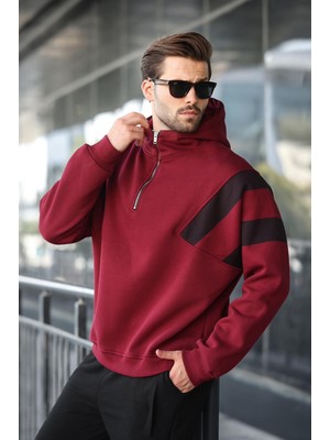 Madmext Bordo Fermuarlı Yaka Kapüşonlu Erkek Sweatshirt E7161