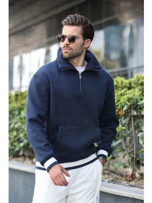 Madmext Lacivert Fermuarlı Dik Yaka Kanguru Cep Erkek Sweatshirt E7159