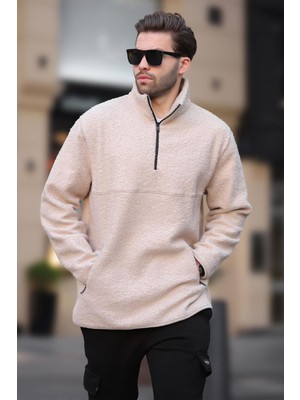 Madmext Ekru Dik Yaka Yarım Fermuarlı Buklet Sweatshirt 7084