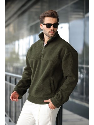 Madmext Haki Yarım Fermuarlı Dik Yaka Polar Sweatshirt E7165