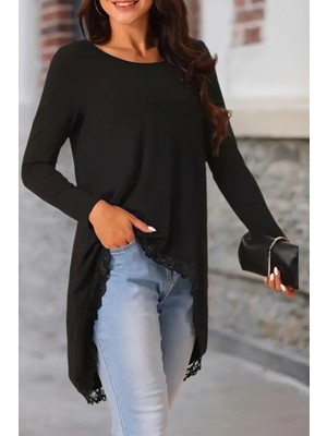 Mossta Asimetrik Kesim Dantel Detaylı Viskon Bluz - Siyah