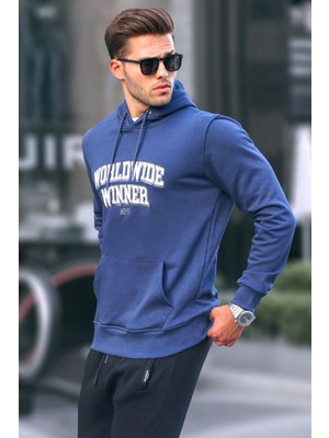Madmext Lacivert Baskılı Kapüşonlu Sweatshirt 6149