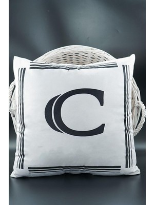 Storemax Harfli Kırlent Kılıfı Kadife 43X43 cm Çift Taraflı C Harfi Kedi Desenli Evlilik Teklifi Doğum Günü