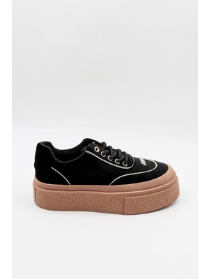 Guja Kadın Önü Taş Detaylı Kalın Taban Kadife Sneaker Spor Ayakkabı GJ330 - Siyah - 36