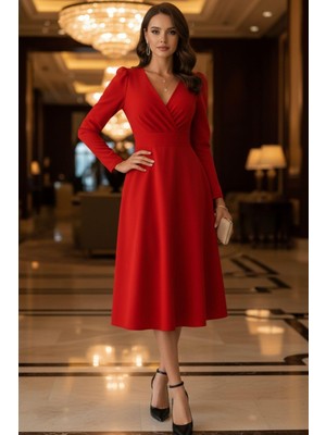 Mossta V Yaka Şık Kırmızı Abiye Midi Elbise