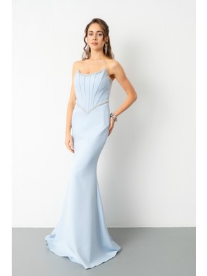 Lafaba Kadın Bebe Mavi Straplez Taşlı Peplum Kesim Söz Nişan Nikah Abiye Elbise