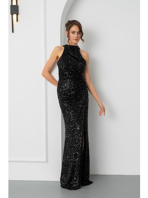 Lafaba Kadın Siyah Pul Işlemeli Balık Abiye Elbise