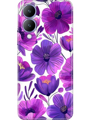 Vivo Y17S Kılıf Desenli Baskılı Tpu Rubber Kapak Mor Çiçekler
