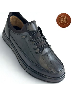 Erkek Hakiki Deri Ultra Rahat Ortapedik Kauçuk Taban Günlük Esnek Boğaz Bağcık Siyah Spor Ayakkabı
