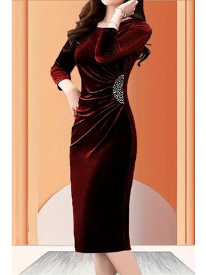 Mossta Uzun Kollu Taş Detaylı Midi Kadife Elbise - Bordo