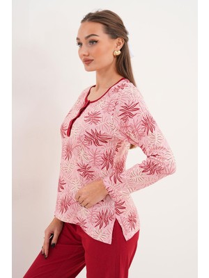 Çift Kaplan Kadın Pamuk Palmiye Desenli Patlı Bordo Pijama Takımı 7025