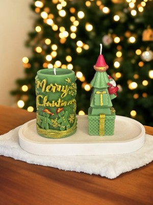 Empressco Yılbaşı 3'lü Mum Seti, Sütun, Ağaç ve Sunum Tabağı, Yeşil Renkli Dekor Ürünleri