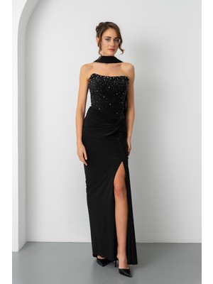 Lafaba Kadın Siyah Şal Yaka Taşlı Düğüm Detay Uzun Abiye Elbise