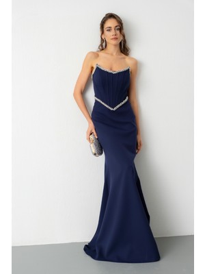 Lafaba Kadın Lacivert Straplez Taşlı Peplum Kesim Söz Nişan Nikah Abiye Elbise