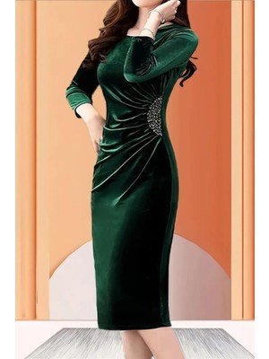 Mossta Uzun Kollu Taş Detaylı Midi Kadife Elbise - Yeşil