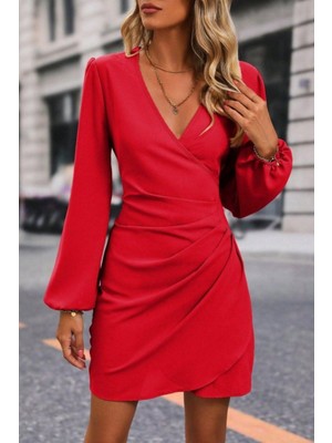 Mossta Kruvaze Yaka Yandan Büzgülü Ithal Krep Elbise - Kırmızı