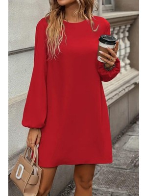 Mossta Minimalist Bisiklet Yaka Düz Kesim Mini Ithal Krep Elbise - Kırmızı