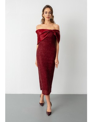 Lafaba Kadın Bordo Yaka Detay Boncuklu Midi Söz Nişan Abiye Elbise