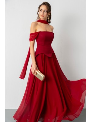 Lafaba Kadın Bordo Şal Yaka Straplez Söz Nişan Abiye Elbise