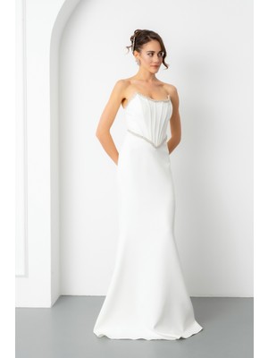 Lafaba Kadın Beyaz Straplez Taşlı Peplum Kesim Söz Nişan Nikah Abiye Elbise