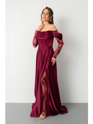 Lafaba Kadın Mürdüm Dantel Detaylı Uzun Saten Abiye Elbise