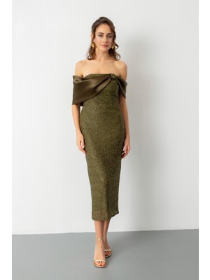 Lafaba Kadın Haki Yaka Detay Boncuklu Midi Söz Nişan Abiye Elbise