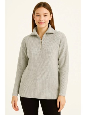 Passense Kadın Yarım Fermuarlı Triko Kazak – Selanik Örgü, Dik Yaka, Pamuklu Dokuma, Regular Fit Uzun Kollu Kışlık Model - Gri