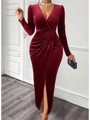 Passense Kadın Uzun Kollu Kruvaze Yaka Önünden Çapraz Detaylı Uzun Kadife Elbise