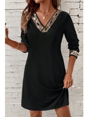 Mossta Payet Detaylı V Yaka  Uzun Kollu Ithal Krep Mini Elbise - Siyah