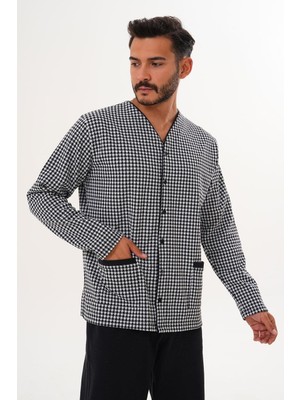 Çift Kaplan Erkek Kazayağı Desen Önden Düğmeli Beyaz Pijama Takımı 8037