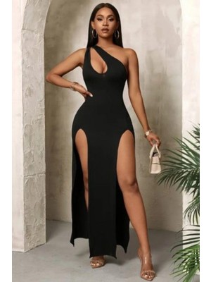 Mossta Tek Omuz Dekolteli Yırtmaçlı Uzun Krep Elbise - Siyah