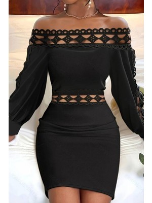 Mossta Madonna Yaka Lazer Kesim Detaylı Dalgıç Elbise - Siyah