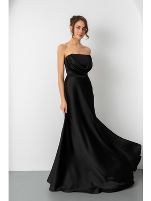 Lafaba Kadın Siyah Degaje Yaka Uzun Straplez Abiye