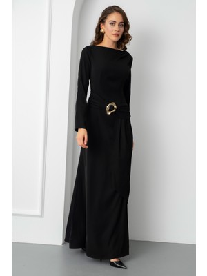 Lafaba Kadın Siyah Aksesuar Detay Uzun Elbise