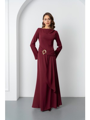 Lafaba Kadın Bordo Aksesuar Detay Uzun Elbise