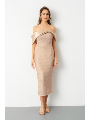 Lafaba Kadın Bej Yaka Detay Boncuklu Midi Söz Nişan Abiye Elbise