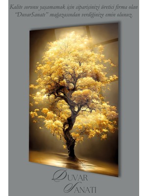 Marsilyan Sarı Yapraklı Ağaç Manzara Cam Tablo, Modern Ev Ofis Salon Duvar Dekoru Hediyelik Büyük Tablo Dekor