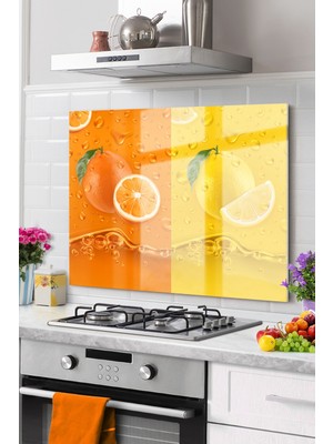 Marsilyan Premium Mutfak Cam Ocak Arkası Koruyucu Tezgah Ankastre Arkası Koruyucu | Portakal Limon