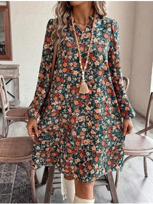 Arben Boutique Kadın Uzun Kollu V Yakalı Desenli Modal Mini Elbise