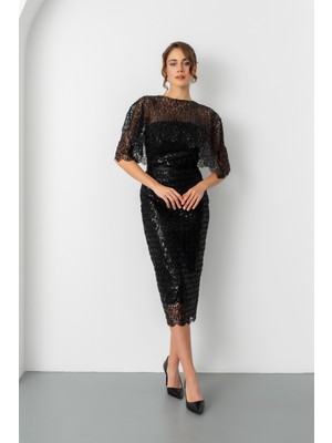 Lafaba Kadın Siyah Bolero Detay Boncuklu Midi Söz Nişan Abiye Elbise