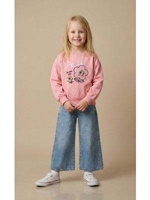 Kız Çocuk Çiçek Nakışlı Sweat Kot Pantolon Alt Üst Takım