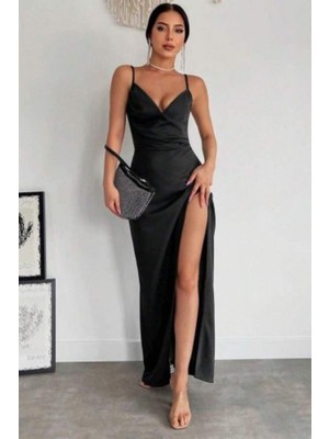 Mossta Kruvaze Yaka Derin Yırtmaçlı Krep Elbise - Siyah