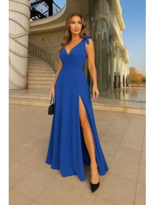 Mossta Kruvaze Yaka Askılı Yırtmaçlı Krep Elbise - Saks